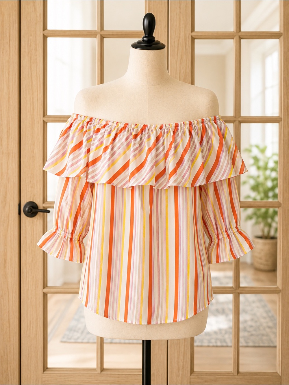 Trina Turk Solace Top XL Orange Pop Multi Off Shoulder Ruffle Stripe Blouse